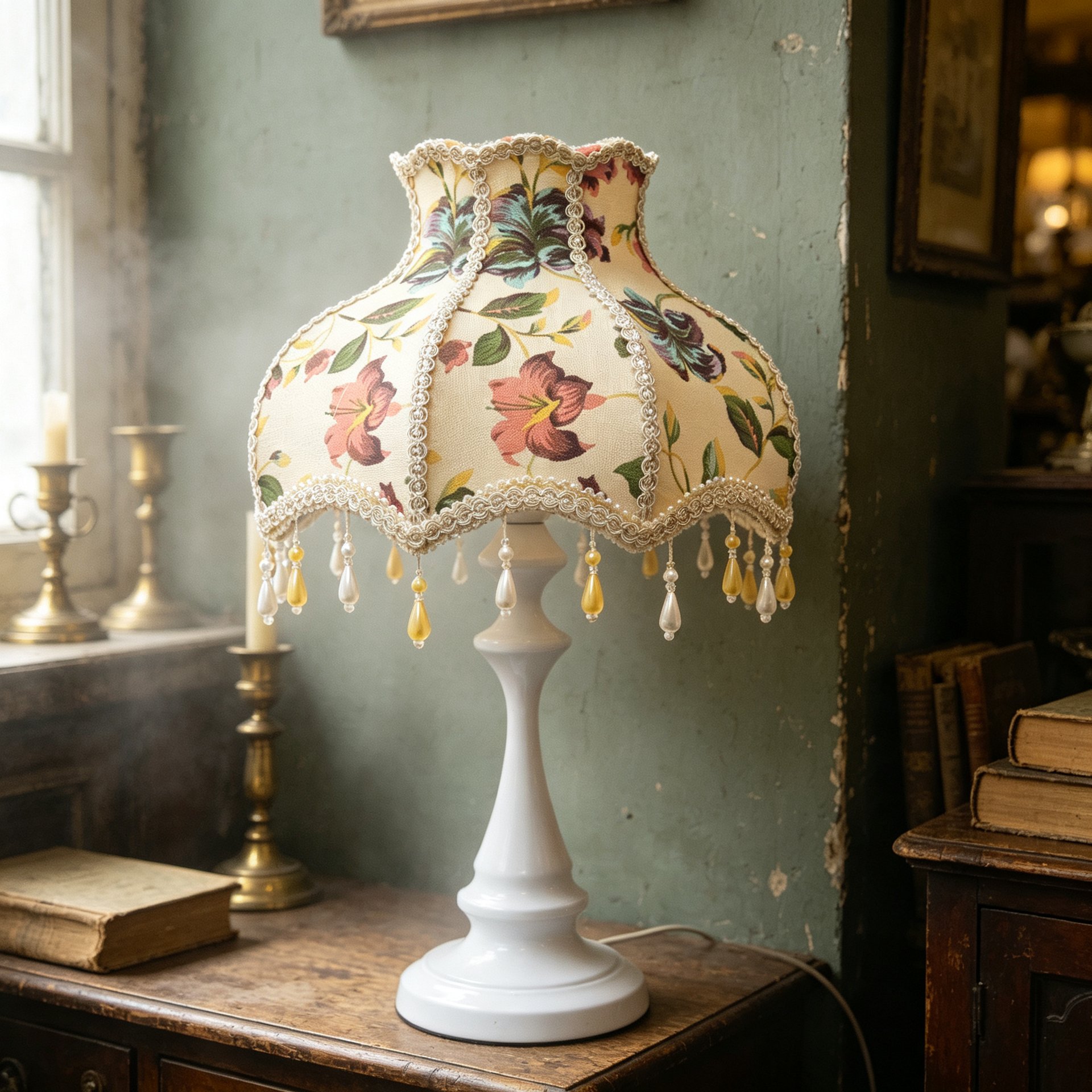 Vintage Floral Fabric Table Lamp with Bead Tassels, French Country Style Bedside Desk Lamp for Bedroom Living Room Home Decor