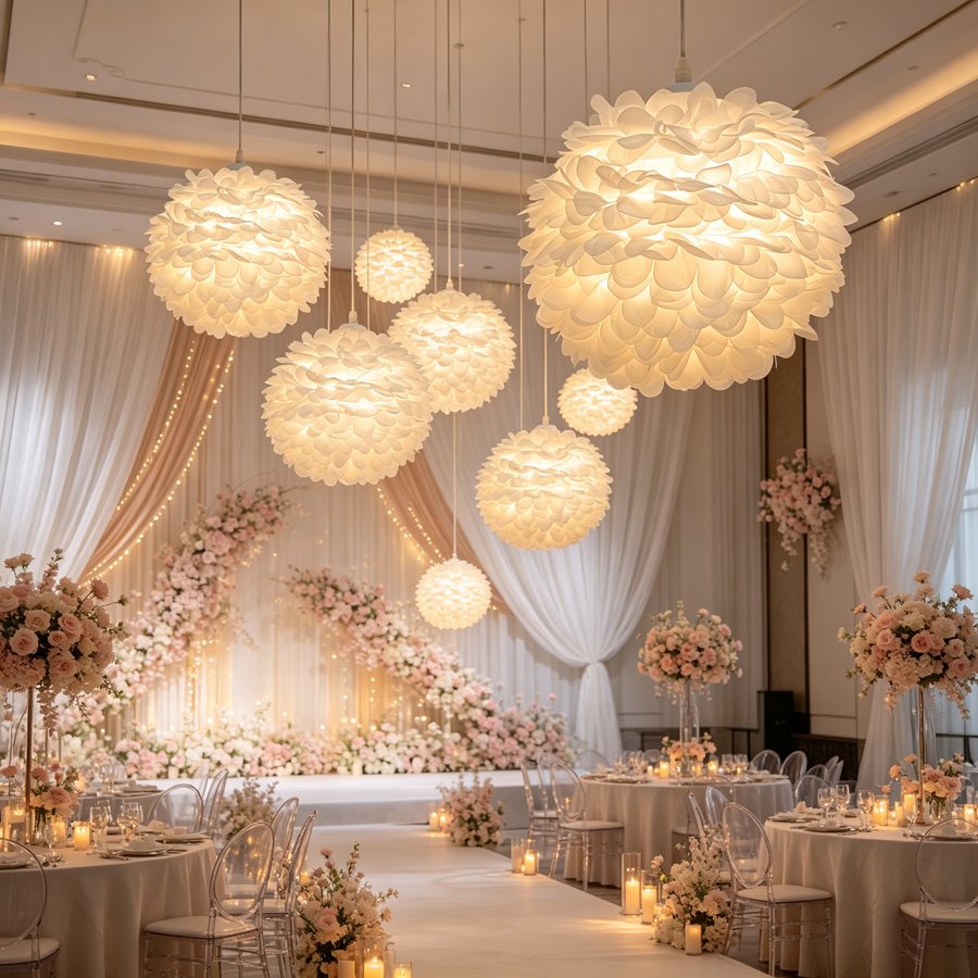 White Fabric Petal Sphere Lampshade, Romantic Flower Shaped Lamp Shade for Pendant Light Table Lamp Home Decor