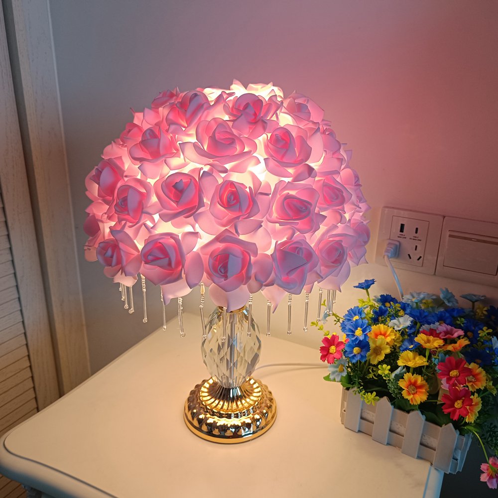 Pink Rose Ball Crystal Table Lamp, Crystal Tassel Vintage Desktop Lamp, Atmosphere Lamp for Wedding Gifts