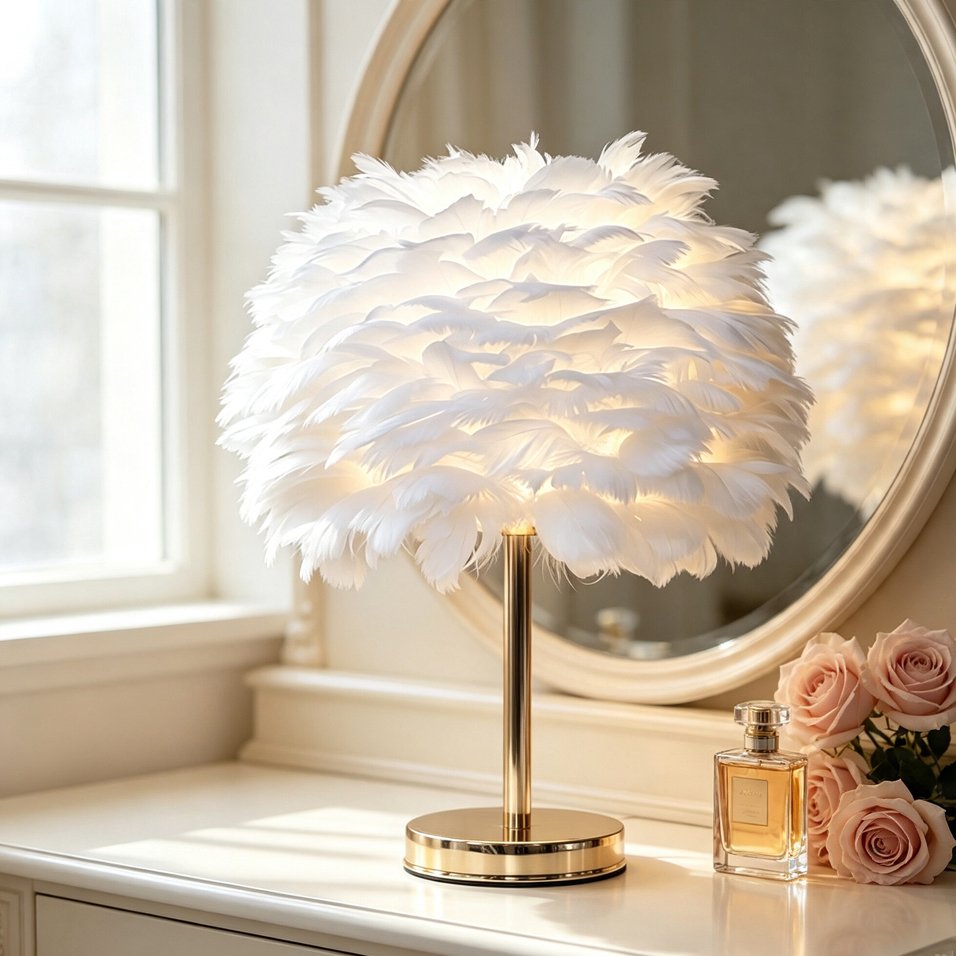 Fluffy Feather Table Lamp, Aesthetic Bedside Night Light with Gold Base & Plume Shade, Coquette Room Decor