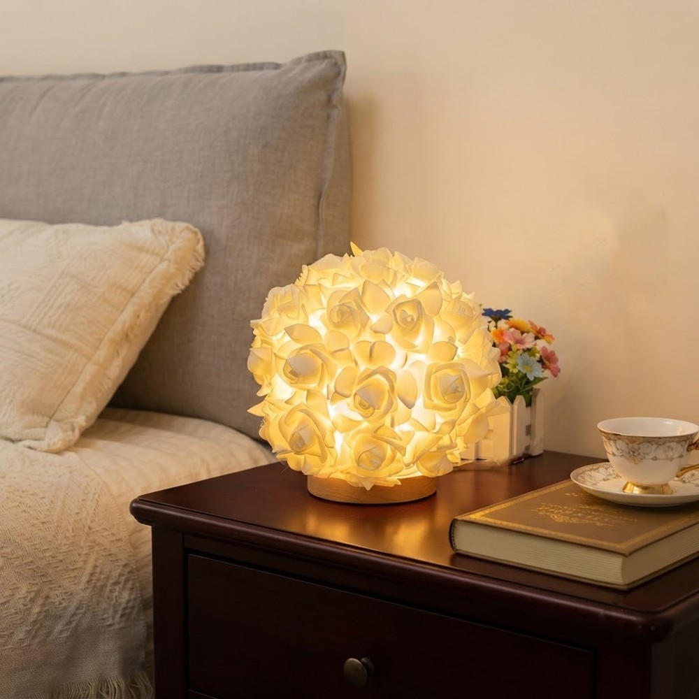 Romantic simulation rose ball USB desk lamp white powder dual color optional light luxury gold base warm light night light French elegant bedroom dressing table desktop decorative light Valentine's Day wedding anniversary home gift lighting