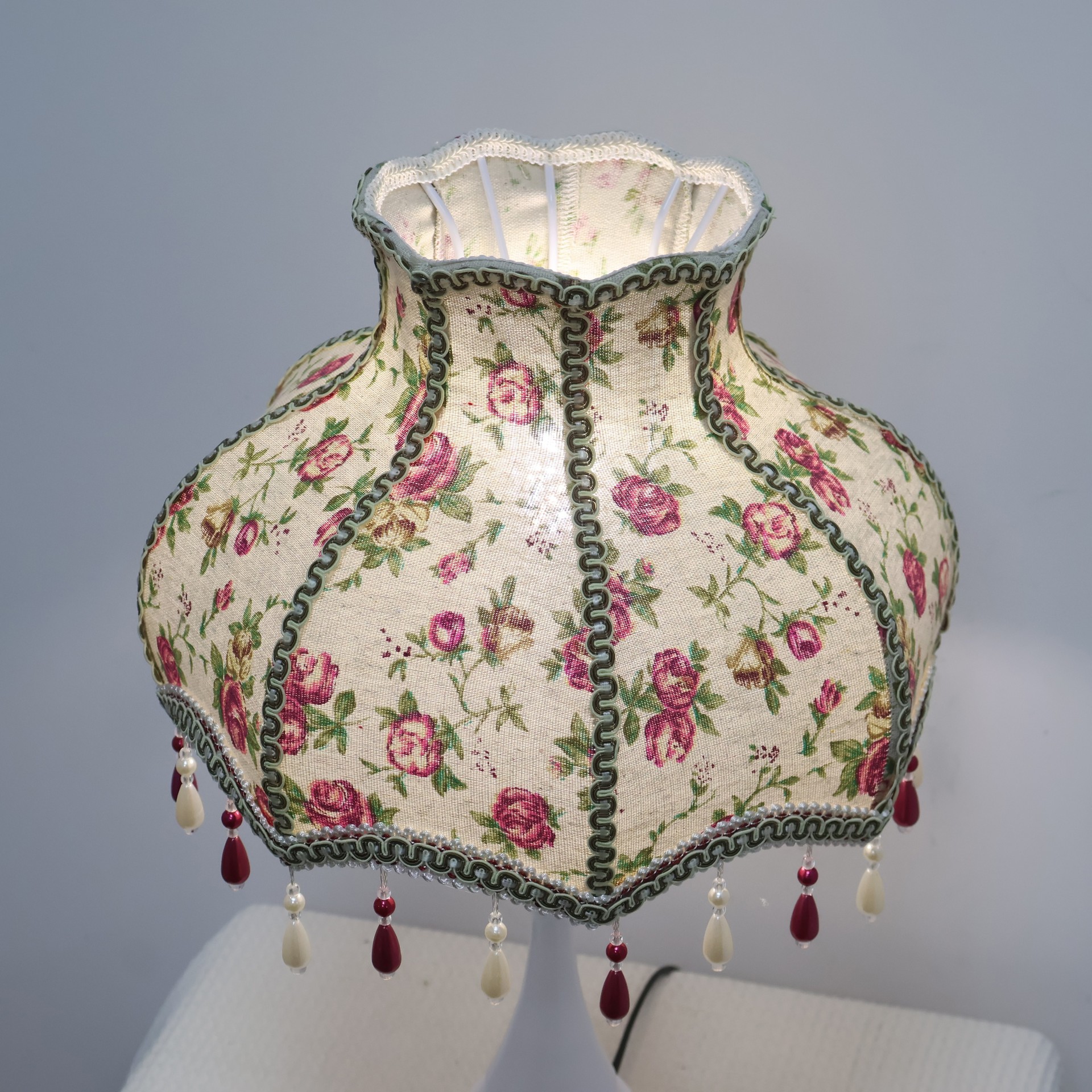 Vintage Floral Rose Linen Lampshade With Bead Tassel, French Country Cottagecore Replacement Lamp Shade For Bedside Table Lamp