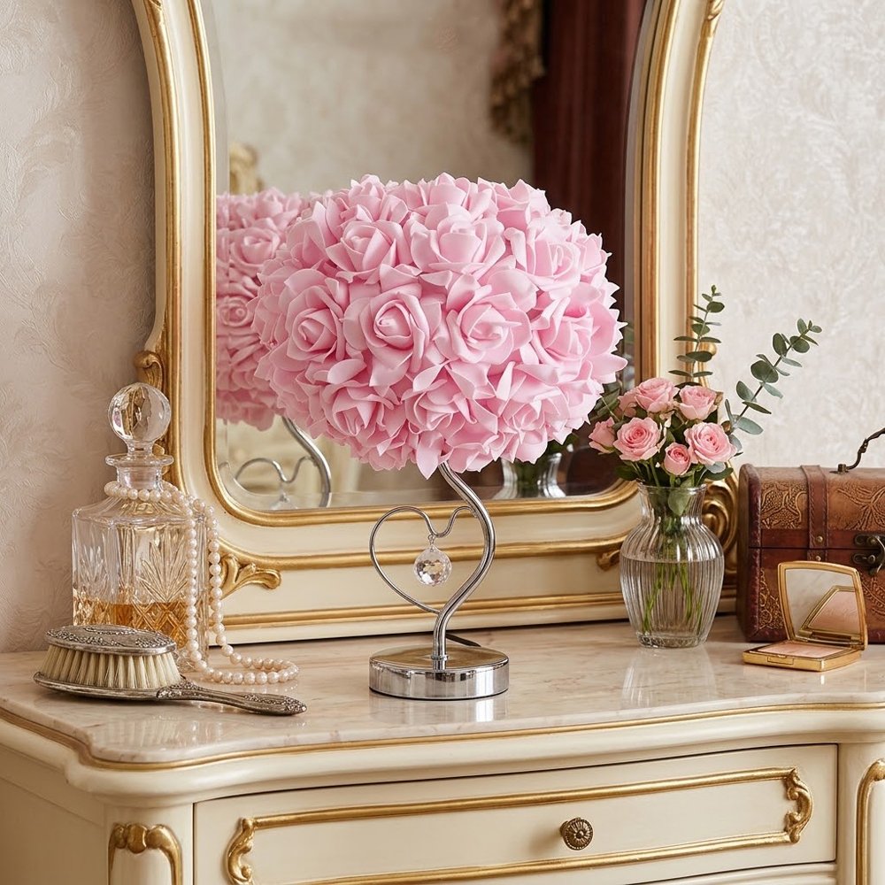 French Romantic Rose Ball Table Lamp – Girlish Heart‑Loving Crystal Pendant Desktop Night Light – Cozy Bedroom Bedside Decorative Lamp