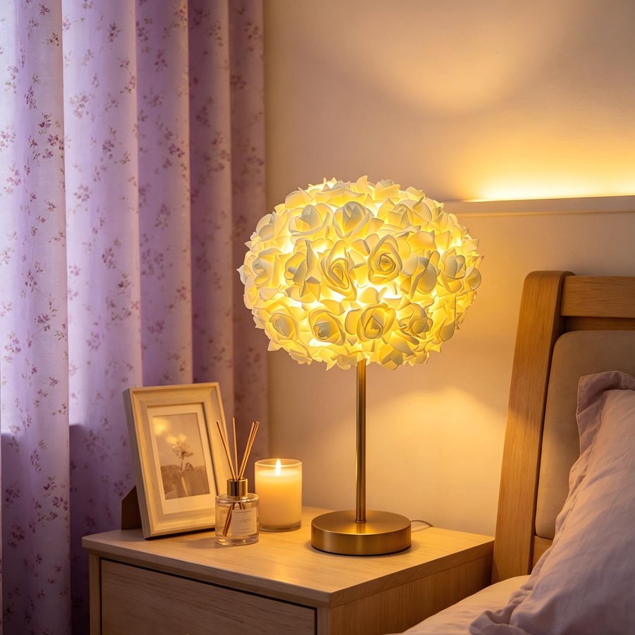 Aesthetic Rose Flower Ball Table Lamp, Romantic Floral Sphere Bedside Lamp with Gold Stand for Bedroom & Wedding Decoration