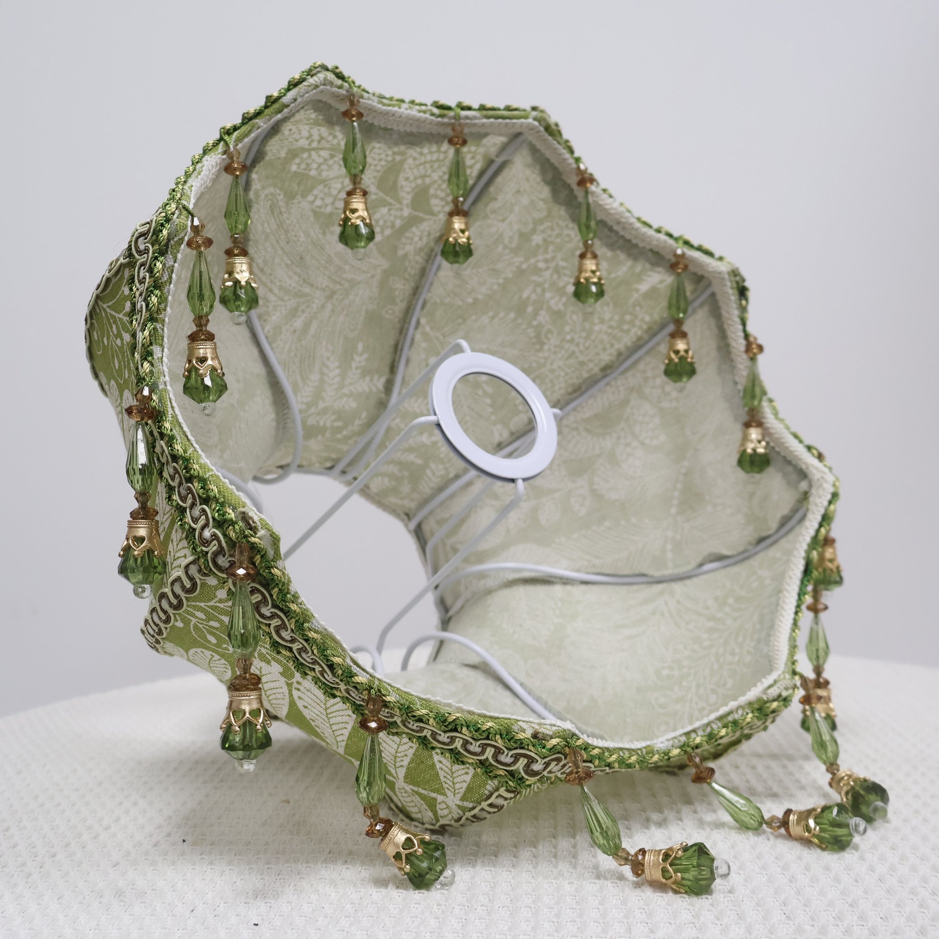 Vintage Green Botanical Embroidery Fabric Replacement Lamp Shade with Green Crystal Bead Tassels, French Country Decor Table Lamp Lampshade