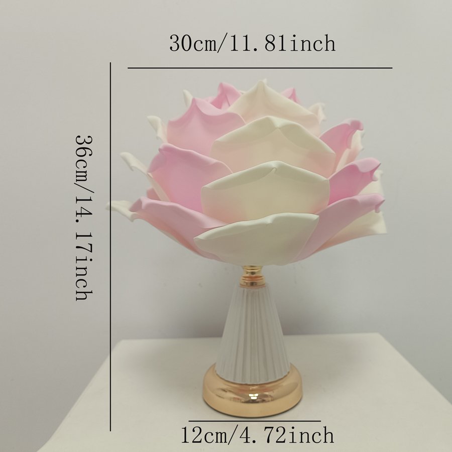 Pink‑white gradient large rose flower table lamp, ceramic‑texture base bedroom bedside lamp, romantic wedding‑room atmosphere decorative table lamp