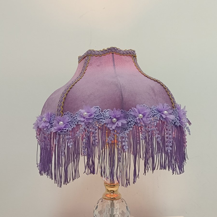 Purple Velvet Fabric Lampshade Flower Pearl Lace Purple Tassel Lamp Shade For Table Lamp Bedroom Vintage Home Decor