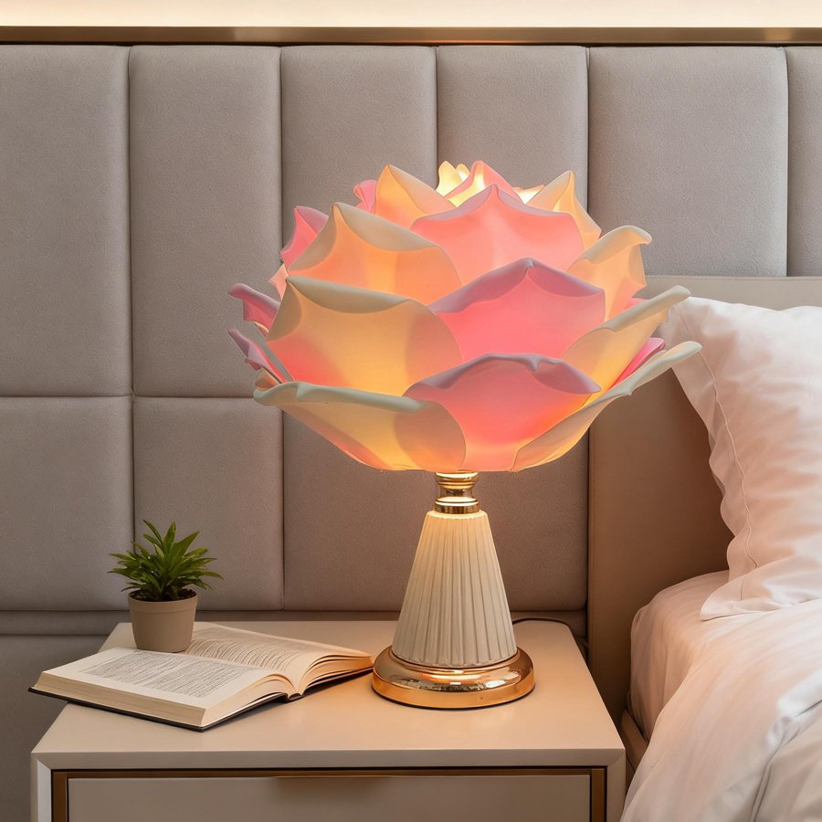 Pink‑white gradient large rose flower table lamp, ceramic‑texture base bedroom bedside lamp, romantic wedding‑room atmosphere decorative table lamp