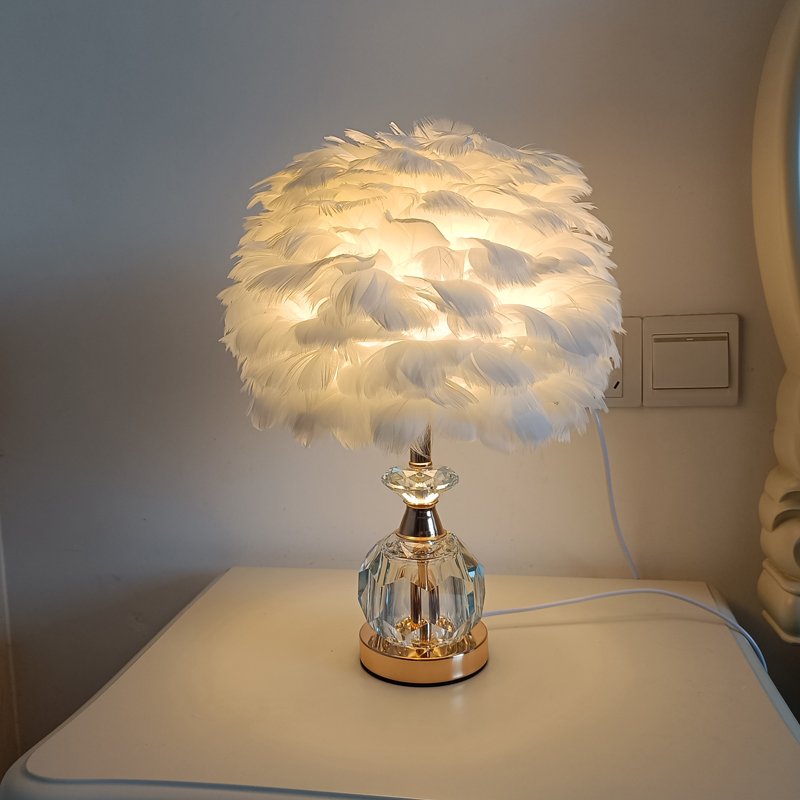 Romantic Feather Desk Lamp for Bedroom, Luxury Crystal & Gold Base Night Light, Aesthetic Cute Room Decor