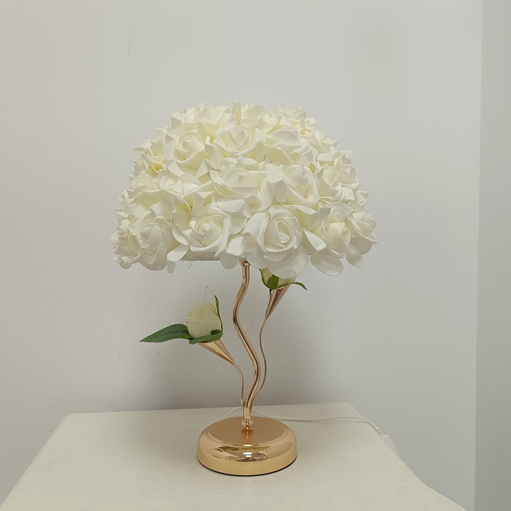 Realistic White Rose Spherical Bouquet Table Lamp with Curved Golden Stand – Luxury Floral Déc
