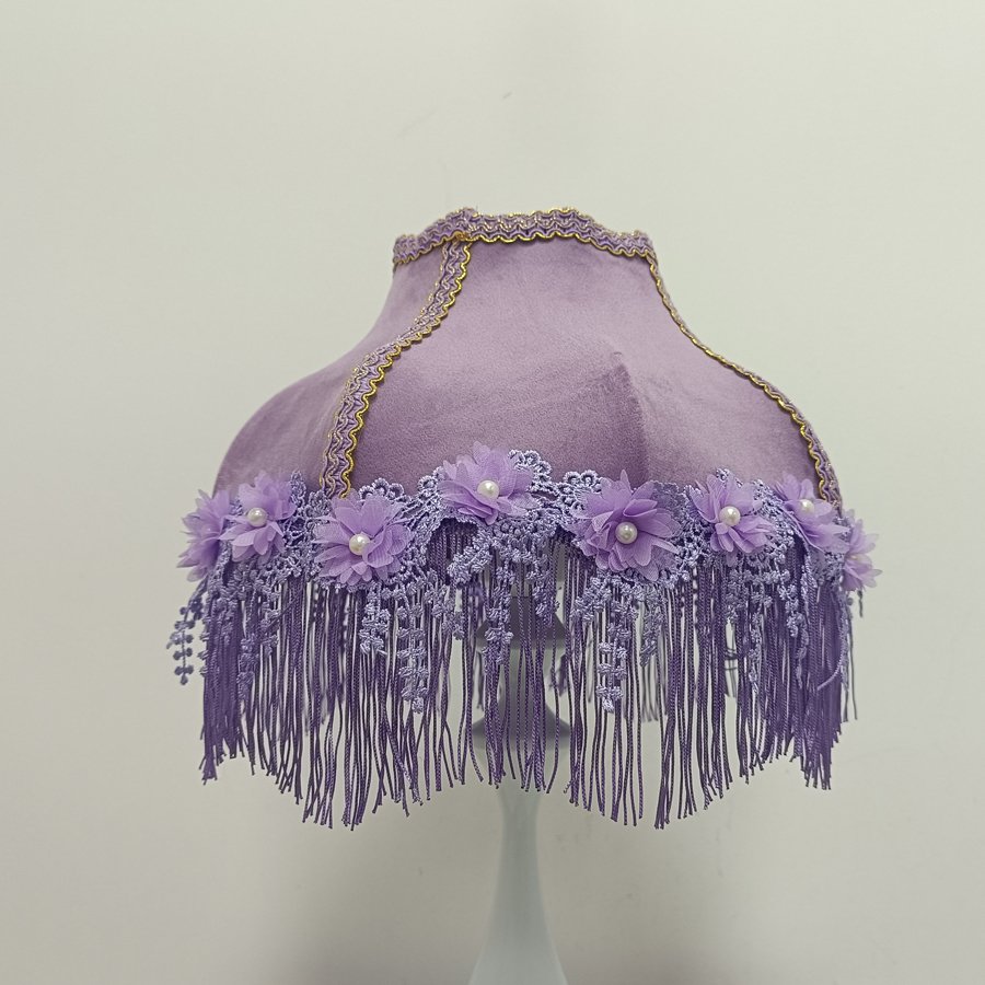 Purple Velvet Fabric Lampshade Flower Pearl Lace Purple Tassel Lamp Shade For Table Lamp Bedroom Vintage Home Decor