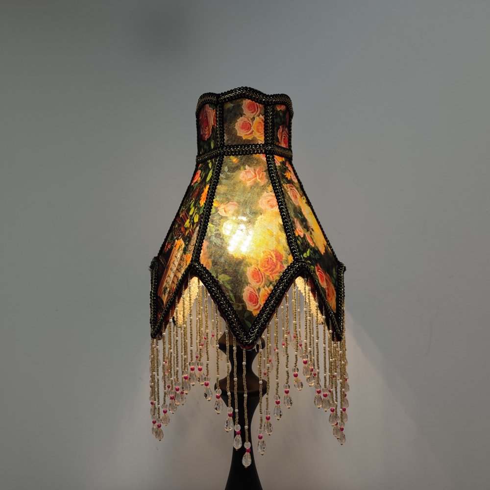 Gothic Romantic Floral Lampshade for Desk Lamp, Retro Oil Painting Style Light Shade with Fringe, Antique Home Decor