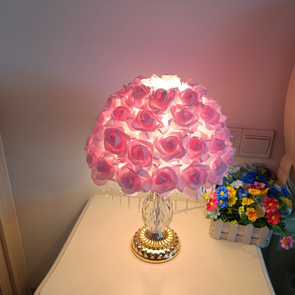 Pink Rose Ball Crystal Table Lamp, Crystal Tassel Vintage Desktop Lamp, Atmosphere Lamp for Wedding Gifts